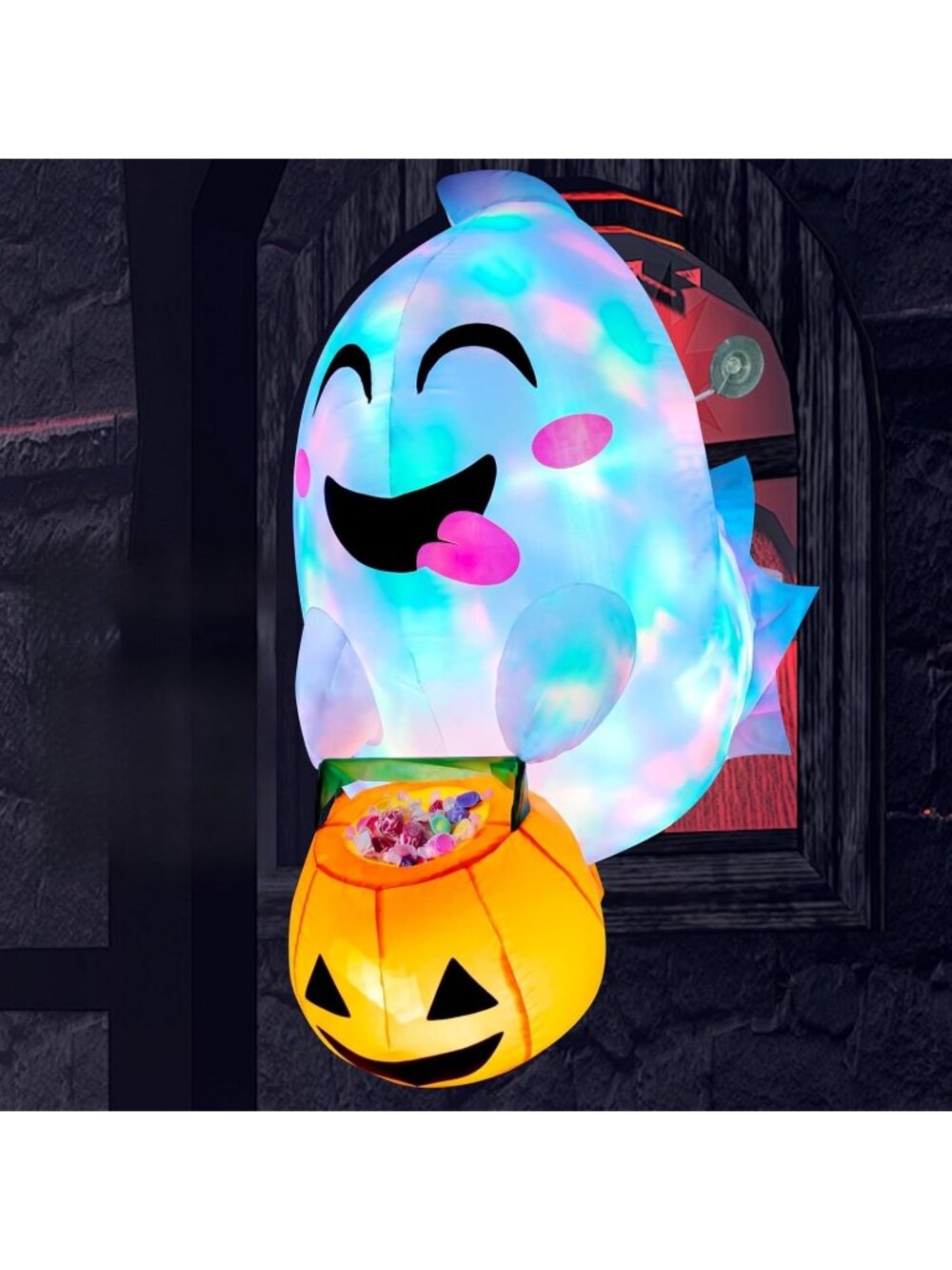 🎃4.5 ft Tall Halloween Inflatable Window Ghost with Candy Basket Blow Up Decor